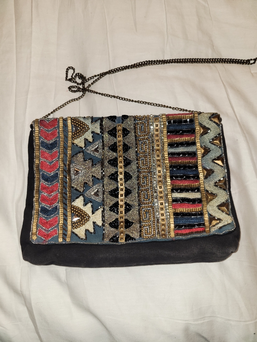 Beaded Geometric Embellished Clutch - Black with Multicolor Pattern
